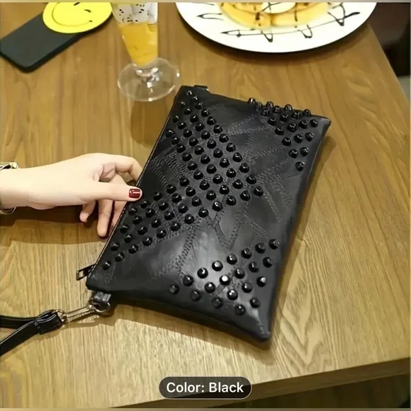Black Rivet Grid Crossbody Shoulder Bag - Picture 4 of 5